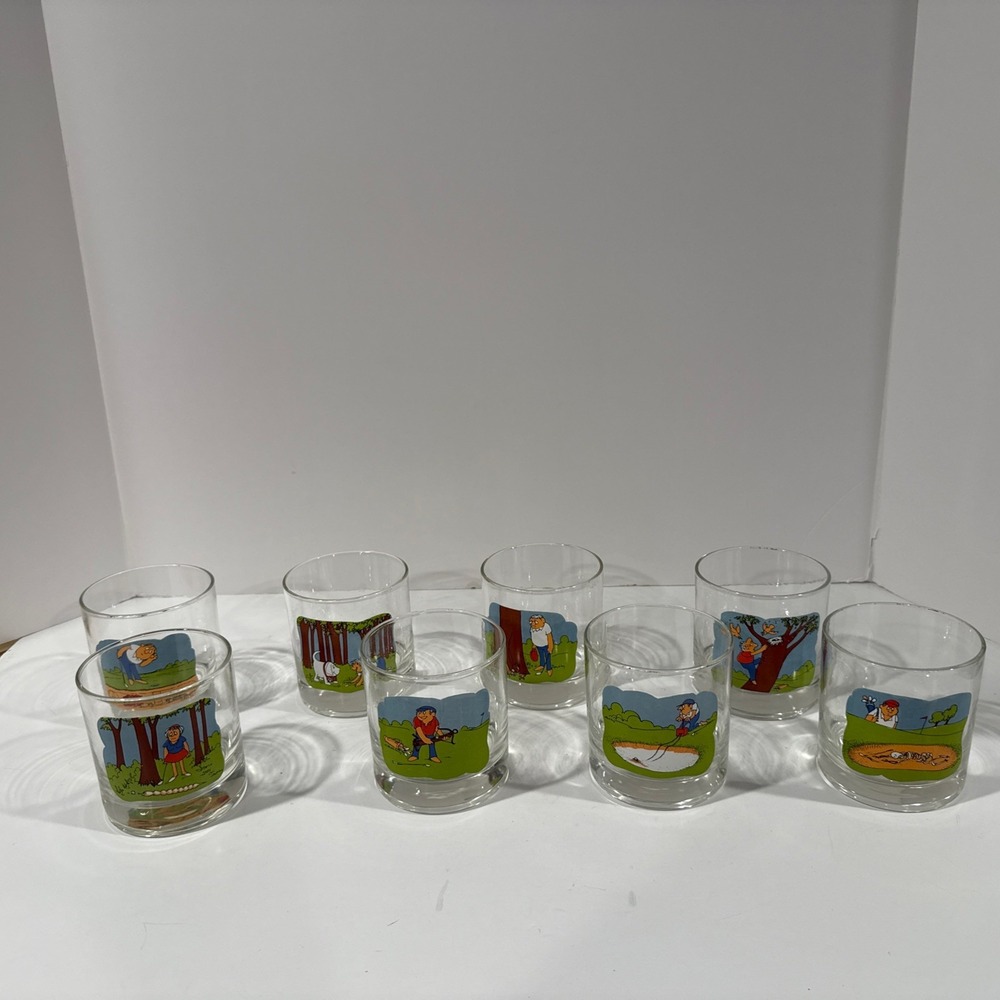 Vtg Carl Ashby Golf Themed Glasses Set 8 Lowball Rocks Whisky Barware 1970s 10oz